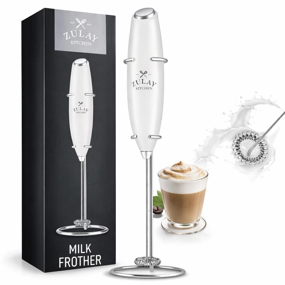 Zulay Kitchen Milk Frother White Handheld Coffee Mixer With Stand NEW No Batt